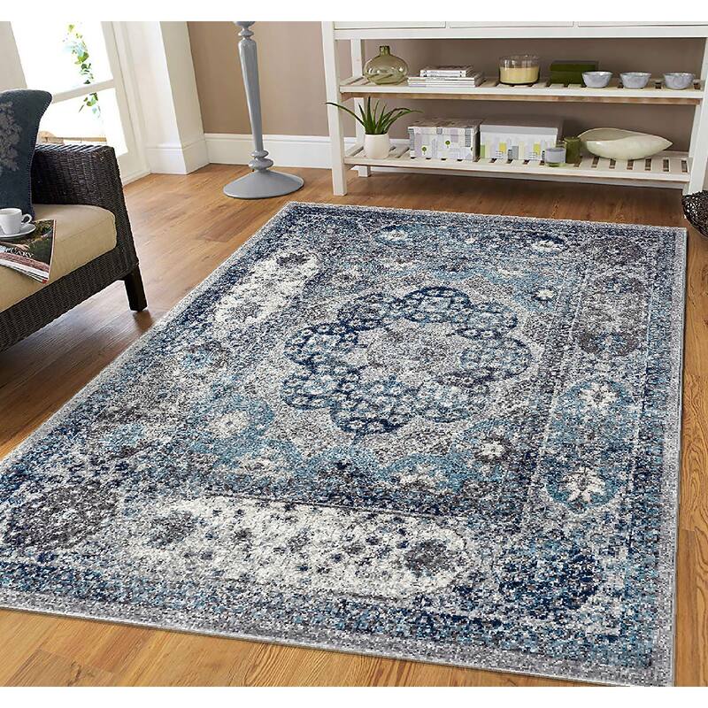 Aurelia Yuni Gray/Blue Bordered Area Rug - 4' x 6'