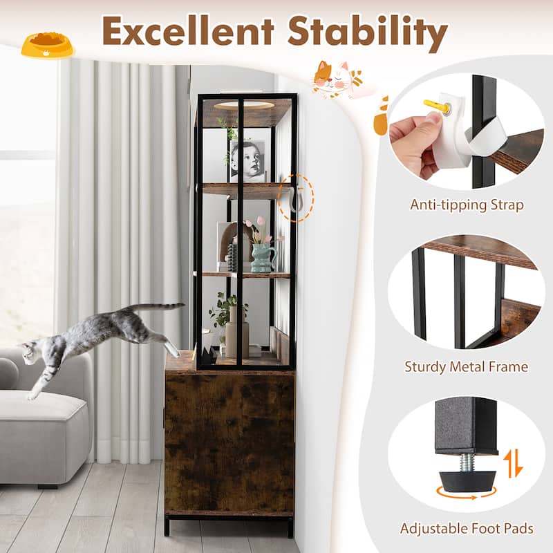 Gymax 61'' Cat Litter Box Enclosure w/ Storage 3-tier Shelves Side