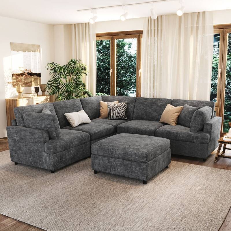 6-Piece U-Shaped Sectional Corner Sofa with Movable Ottoman and Durable Chenille Fabric for Versatile Living Spaces - Grey