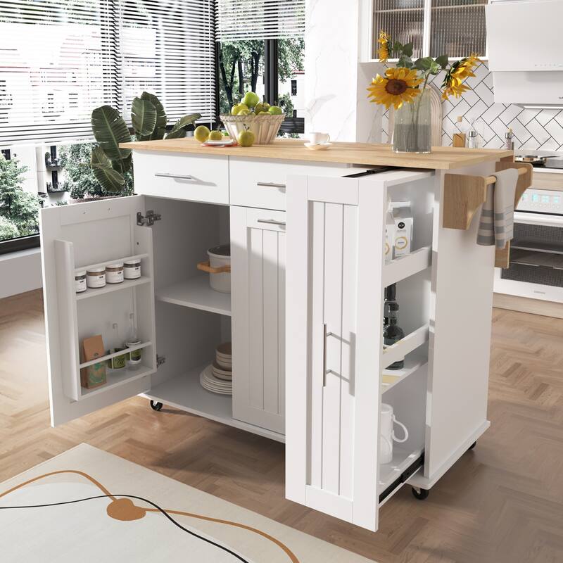 46'' Kitchen Island with Drop Leaf, 3 Tier Pull Out Cabinet Organizer, Towel Rack and 2 Drawers - 46'' x 29.5'' x 37''