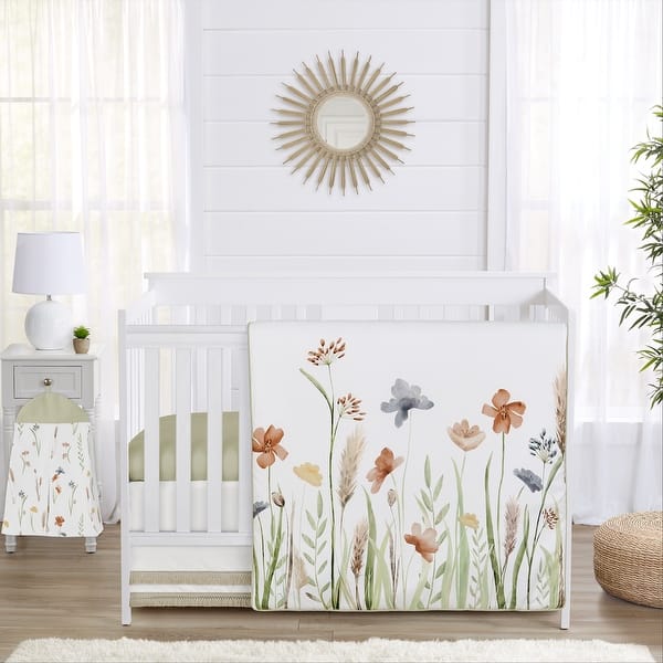 slide 2 of 6, Boho Floral Garden Flower Girl Nursery Crib Bedding Set Sage Green Watercolor Bohemian Floral Vintage Shabby Chic Nature Fringe