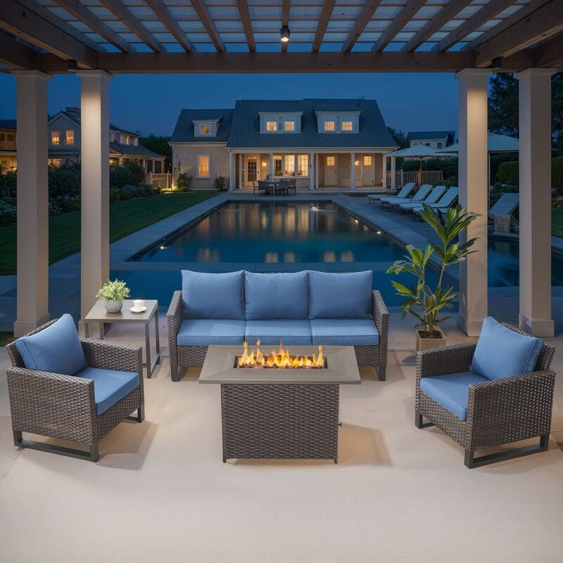 Outdoor Fire Pit Table with Patio Funiture - Brwon Wicker Blue Cushion - 5PCS Sofa Chair w/ Fire Table