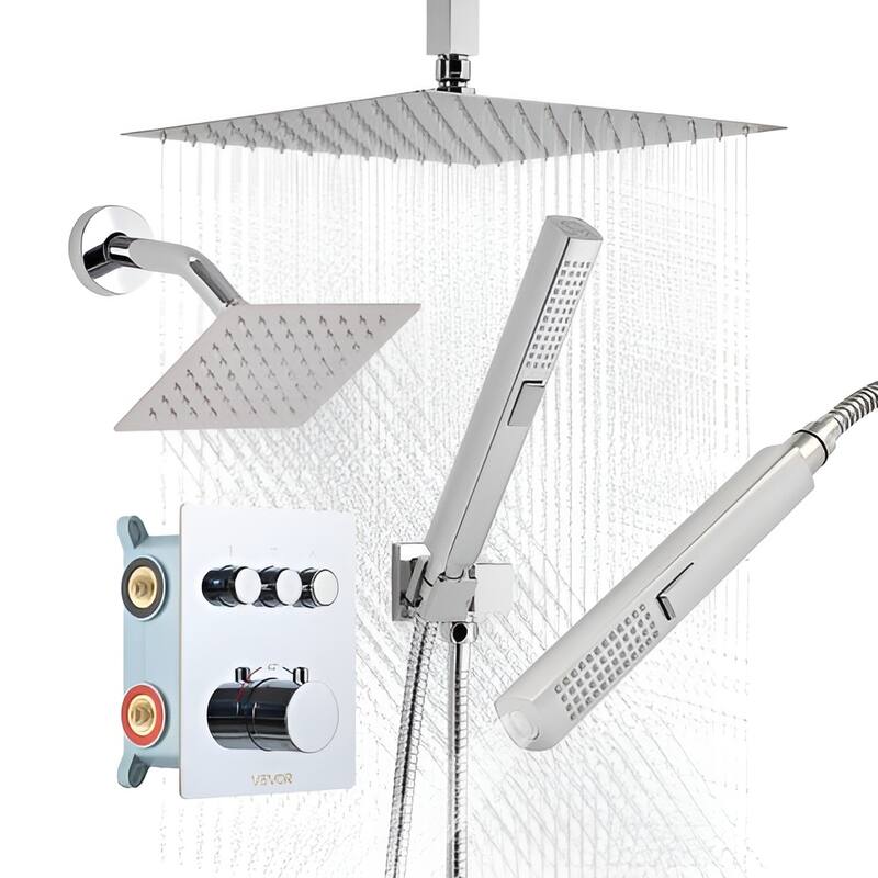 Modern 3-Function Shower Faucet Set with Brass Valve Stainless Steel Panel and Multi-Angle Sprayer - Chrome