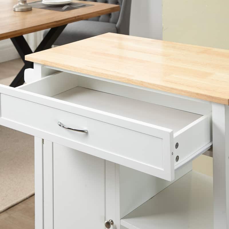 Rolling Kitchen Cart with Storage and Rubber Wood Top Microwave Stand with Drawer, Open Shelves and Locking Wheels