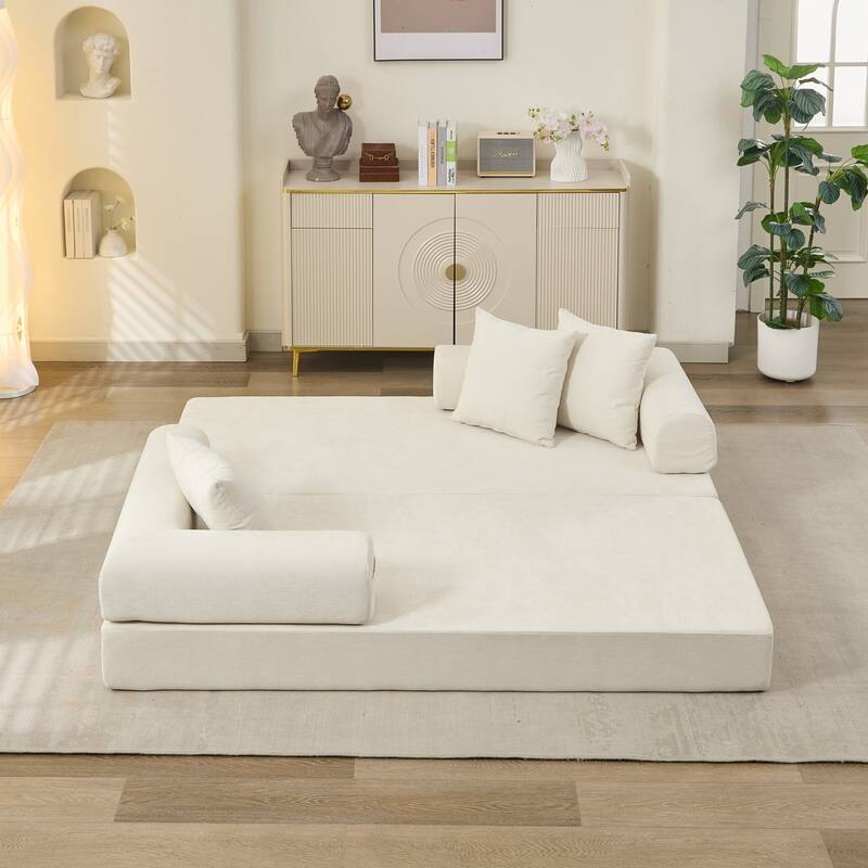 Chenille Folding Sofa Floor Sleeper Bed Chaise Lounger Couch 3-in-1 Comfy Mattress with Reversible Arm Pillows and Non-slip Pad