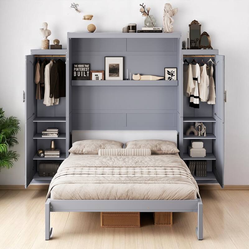 Full/Queen Murphy Bed with 2 Wardrobes and Shelf, Foldable Wall Bed Frame with Storage for Guest Room or Bedroom
