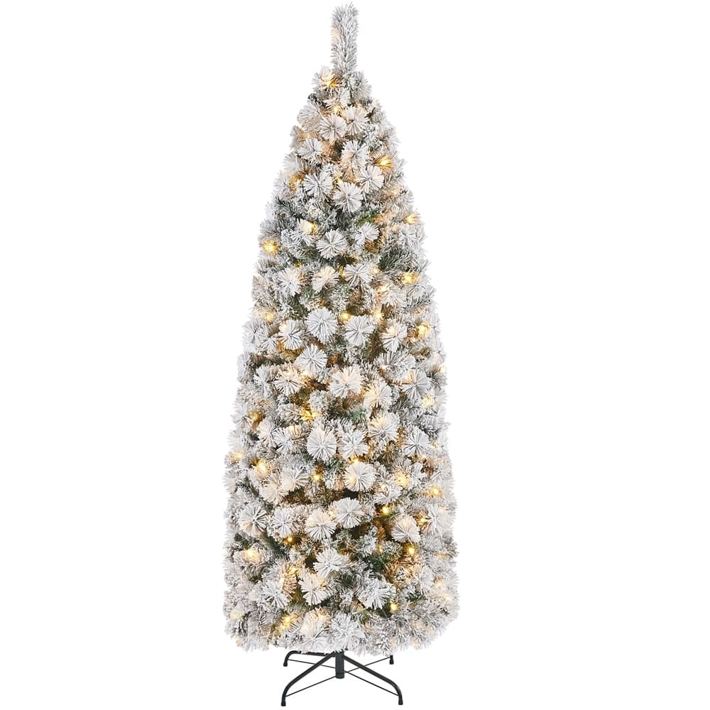Yaheetech Pre-lit Snow Flocked Christmas Tree, Premium Hinged Artificial Pine Tree with LED Lights, Green