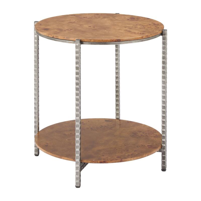 HomeRoots 22" Natural and Silver Wood and Steel Round End Table With Shelf - 20.00 in. x 22.00 in. x 20.00 in.