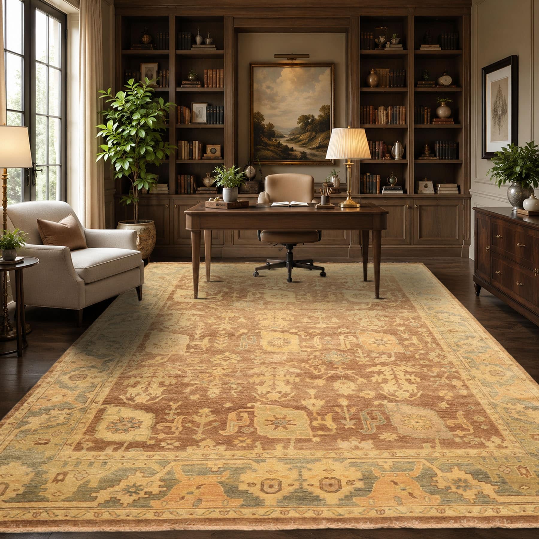 Hand Knotted 8'2''x9'10'' Brown Gold Wool Oushak Rug - 8' 2'' x 9' 10''