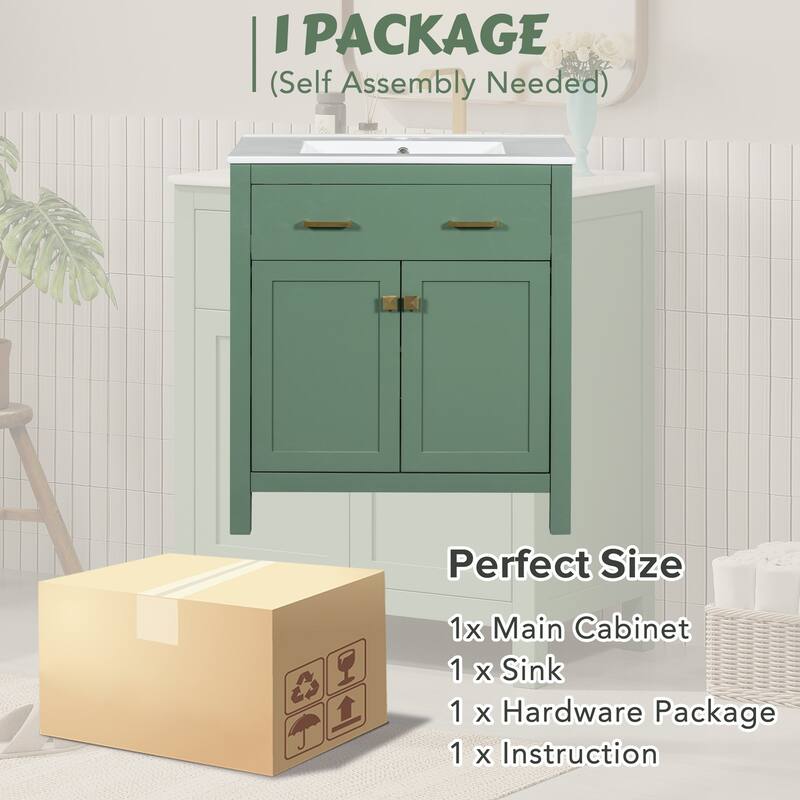 30-Inch Bathroom Vanity with Ceramic Sink, Soft-Close Doors, Shelf & Drawer - Modern Freestanding Cabinet