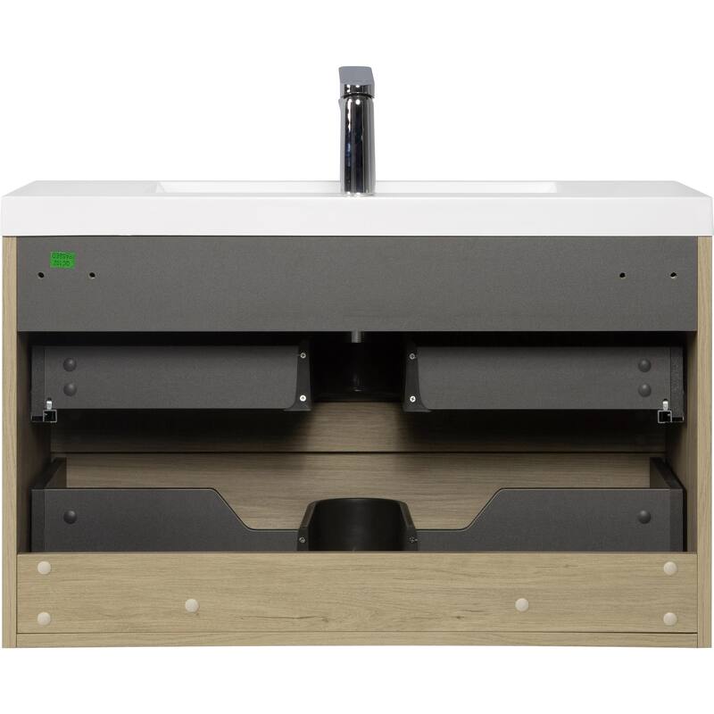 35.5-Inch Floating Bathroom Vanity with Glossy Resin Sink, Ash Grey Color, Wall-Mounted Design, 2 Drawers