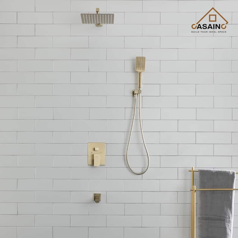 1-Handle 3-Spray Pattern 10 in Wall Mount Shower Head, Tub and Shower Faucet, Brushed Gold (Valve Included) - 10 inch