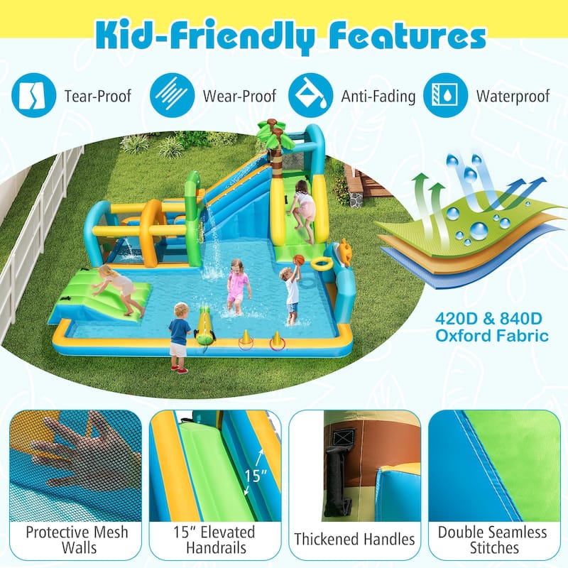 Costway Inflatable Water Park with Climbing Wall Basketball Rim Target - Multi-Colored