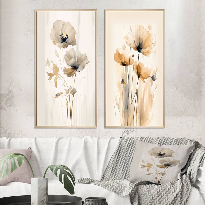 Designart "Vibrant Poppies" Floral Framed Wall Art Set Of 2 - White Wall Art Set Of 2 - 40 in. wide x 40 in. high - Brown