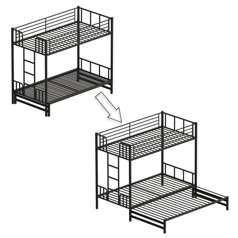 Twin over Twin Metal Pull-Out Bunk Bed with Guardrail, Built-In Ladder and Convertible Frame
