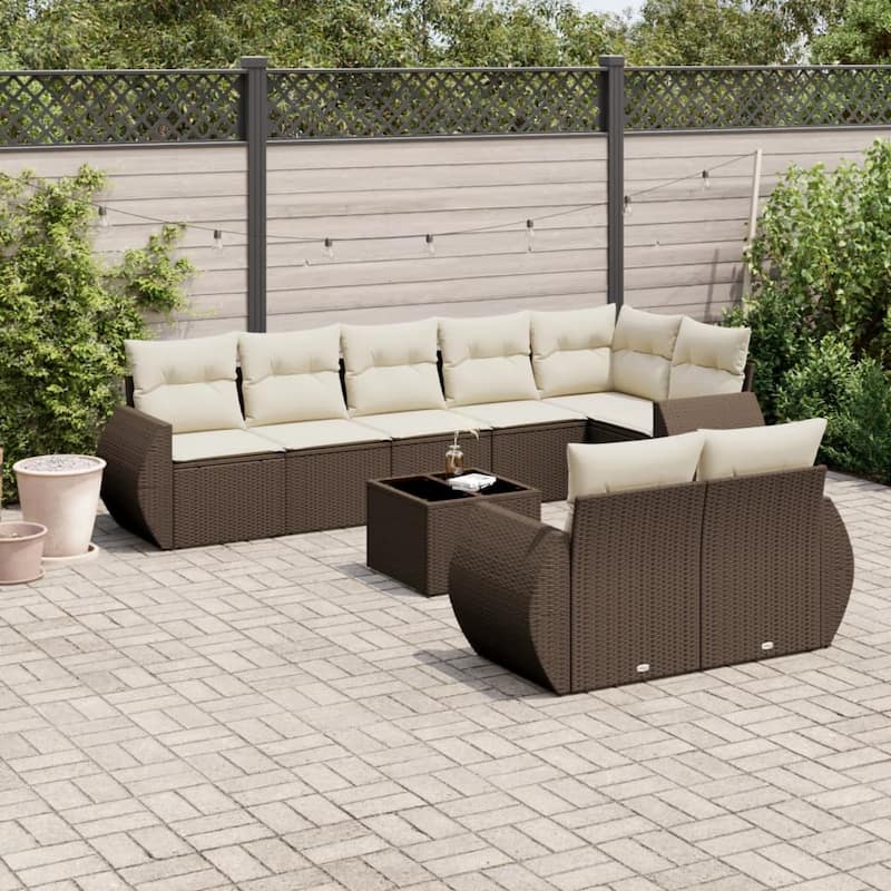 vidaXL Patio Sofa Set with Cushions Outdoor Conversation Furniture Poly Rattan - Brown and cream with table - 21.7 x 21.7 x 14.6