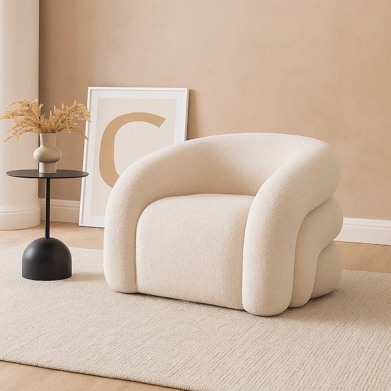 Veny Swivel Accent Chair, Ivory Sherpa Fabric, Curved Barrel Back