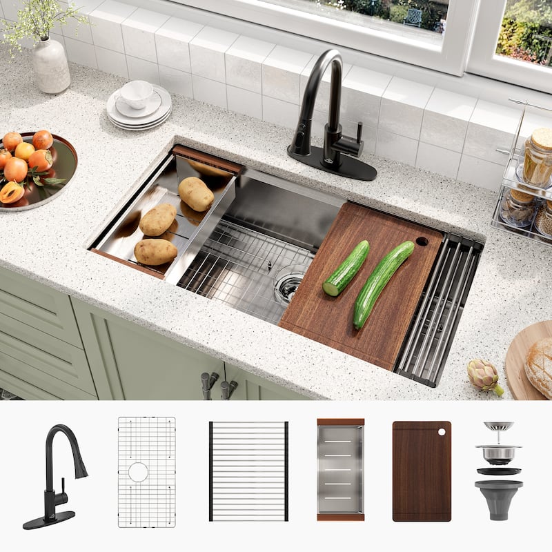 Undermount Single Bowl Nano Brushed Stainless Steel Workstation Kitchen Sink with Pull-Down Kitchen Faucet and Accessories