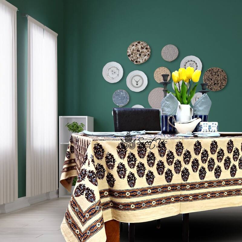 Earthy Spiral Floral Block Print Cotton Tablecloth Collection