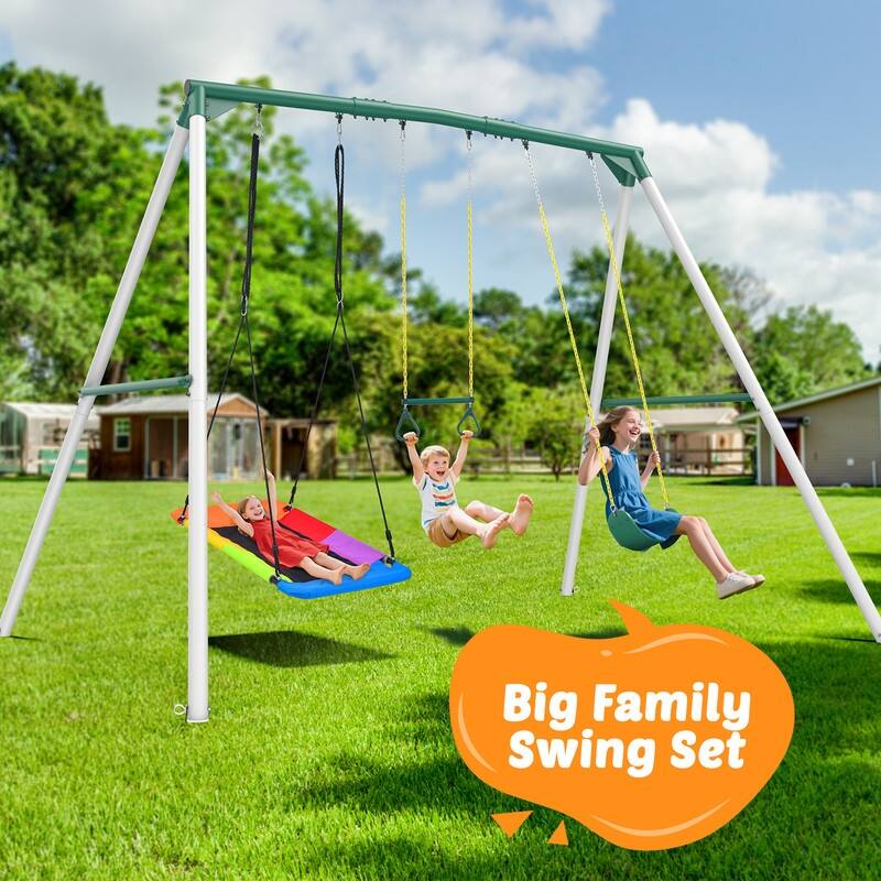 9.5' Tall Heavy Duty Metal Swingset for Backyard Outdoor with Platform Swing, Belt Swing, and Trapeze Bar for Kids