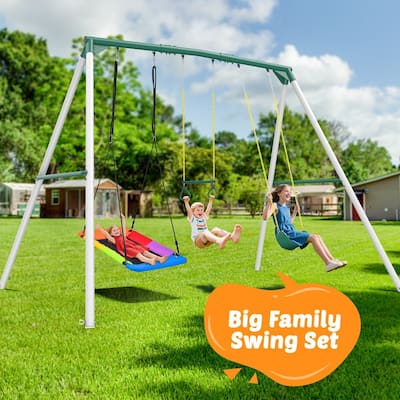 9.5' Tall Heavy Duty Metal Swingset for Backyard Outdoor with Platform Swing, Belt Swing, and Trapeze Bar for Kids