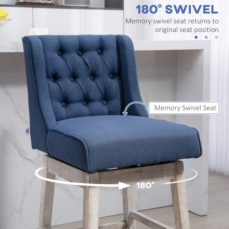 Set of 2 Vintage Swivel Counter Height Bar Stools with Linen Upholstered and Rubber Wood Legs - 18" L x 22.5" W x 39.75" D