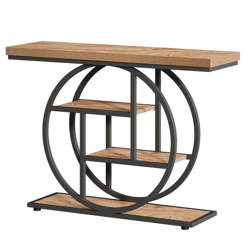 41.3" Industrial 4-Tier Console Table with Circle Base - Narrow Entryway Sofa Table with Storage Shelves
