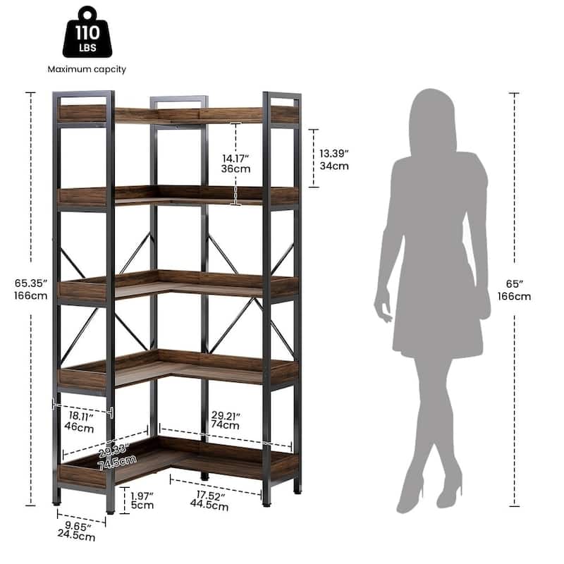 5-Tier Industrial Corner Bookshelf with Wood Shelves