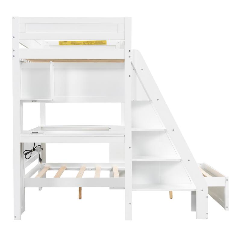 Roomfitters Twin XL Over Full Bunk Bed with Built-In Desk, USB Port and Shelves