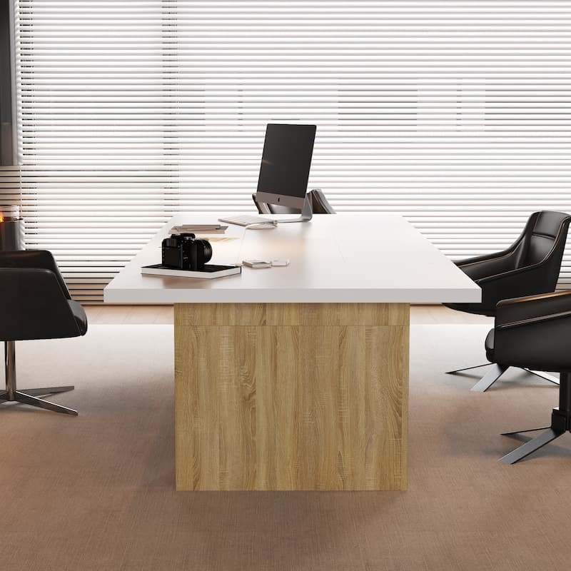 Extra Long Wood Rectangular Dining Table Meeting Table,Oak & White - 126"L