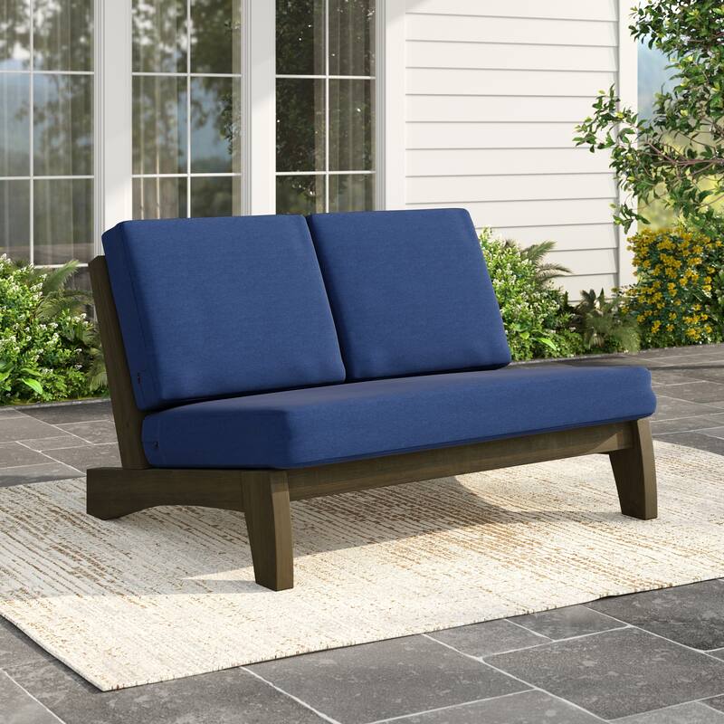 Outdoor Teak Wood Patio Loveseat with Cushions - Natural Wood - Navy
