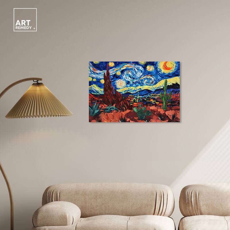 Art Remedy Desert Night Stars Gallery Wrapped Impressionism 1 Piece Canvas Wall Art /Monet And Van Gogh Inspired Art