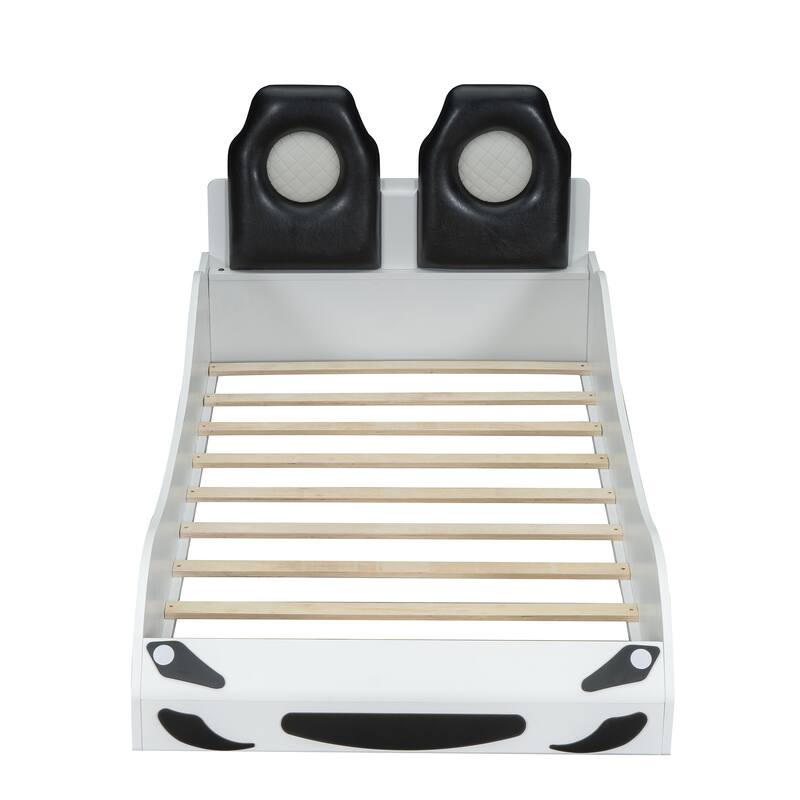 Wood Twin Size Race Car-Shaped Platform Bed With Led And Upholstered Backrest