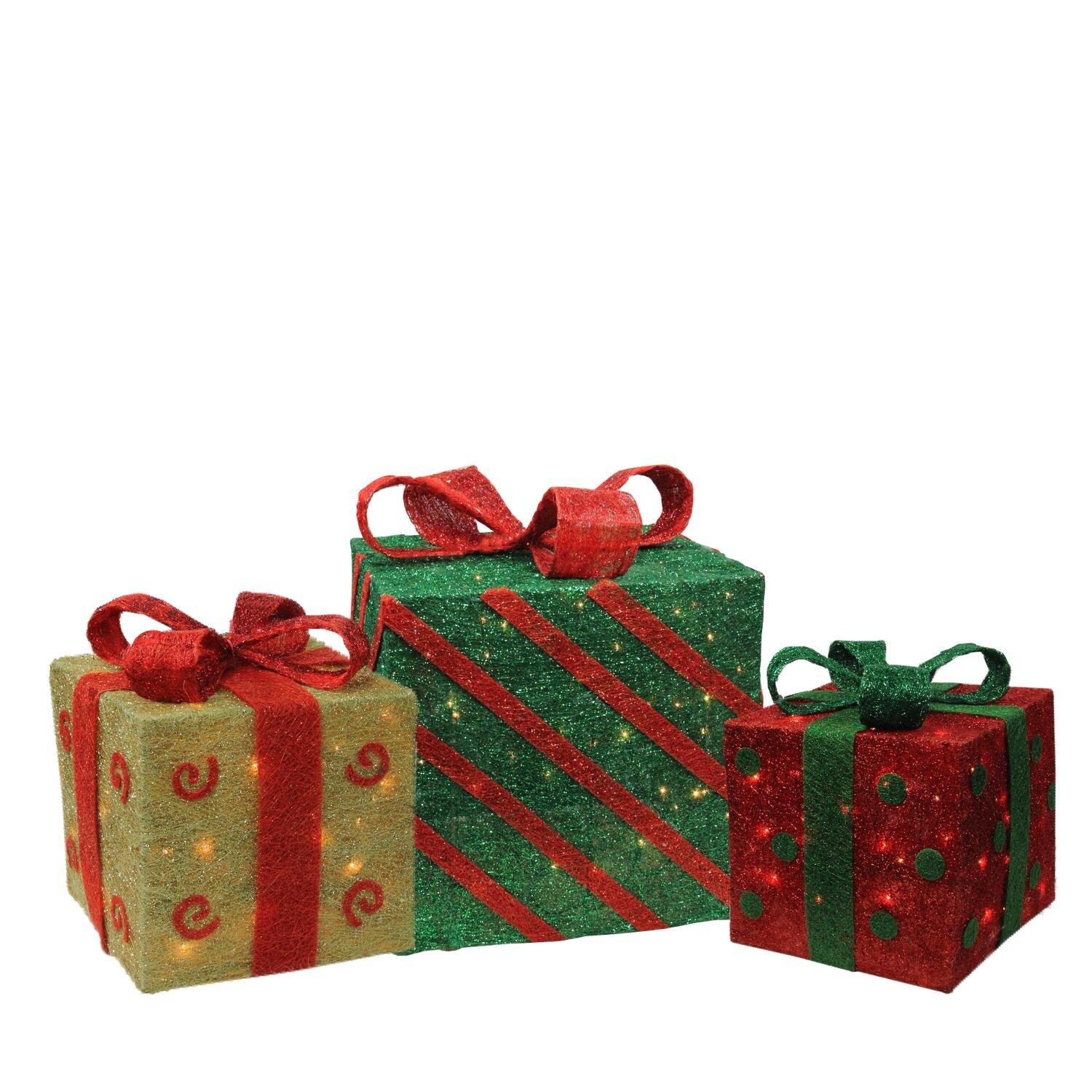 Shop Set Of 3 Lighted Sparkling Gold Green And Red Sisal Gift