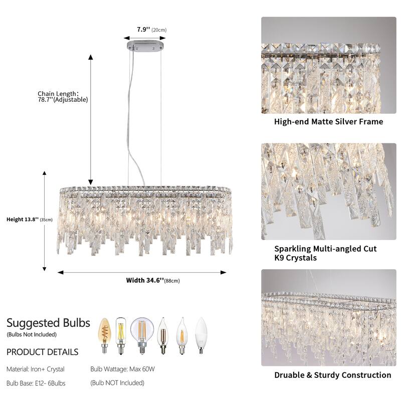 Silver Oval Crystal Chandelier - Reflective - Dining Living Foyer