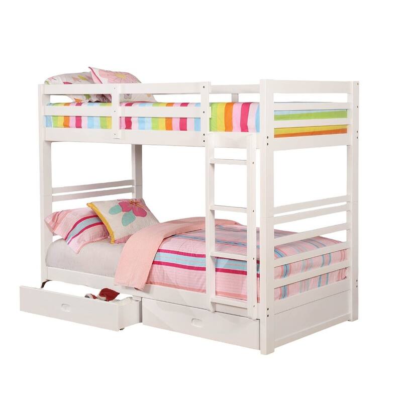 Twin Over Twin Bunk Bed with Two Drawers and Attached Ladder, White