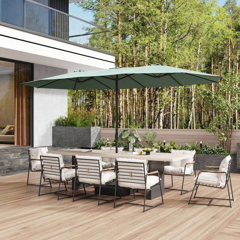 15ft x 9ft Double Patio Umbrella with Base and Sandbags, Extra Large Twin Outdoor Market Umbrella with Auto Tilt, 180g Polyester