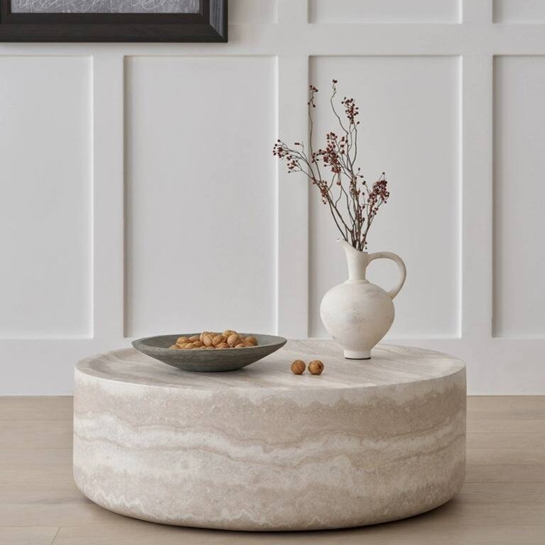 35.43" Faux MARS Pattern Coffee Tables for Living Room Round Tea Faux Travertine Textured table