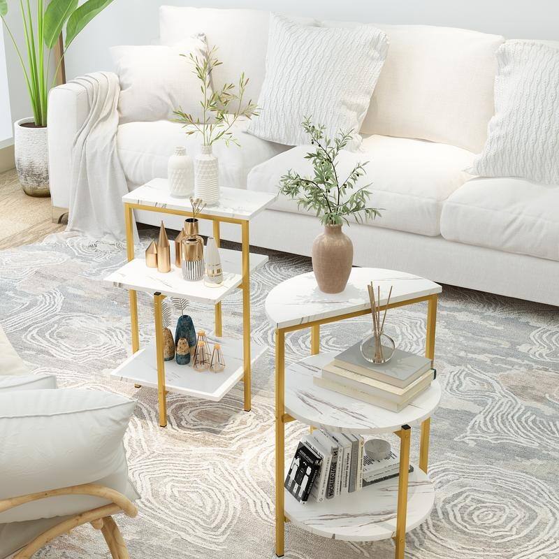 3 Pieces Faux Marble Coffee Table Set with 1 Coffee Table and 2 End Tables, Modern Sofa Side Table with Shelf, Cocktail Table
