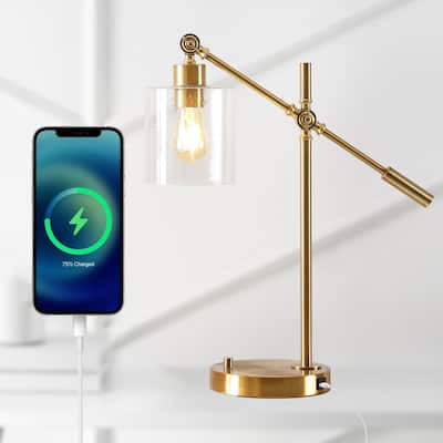 Jason Classic 23" Iron/Seeded Glass Adjustable Head Modern USB Charging LED Task Lamp, Brass Gold by JONATHAN Y - 1 Bulb