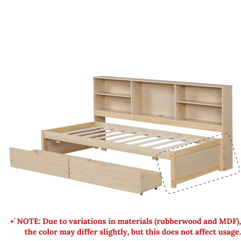 Twin Bed Frame Wooden Platform Twin Bed with Built-in USB Port, Side Bookshelves and 2 Drawers