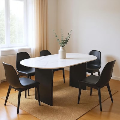 HomeRoots 72" White and Black Marble And Solid Wood Sled Base Oval Dining Table - 72 in. x 30 in. x 36 in.