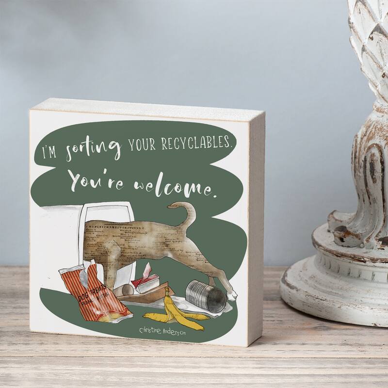 Recyclables Artistic Freestanding Solid Wood Block Sign Made in the USA 3.75” Square Decorative Accent for Home or Office