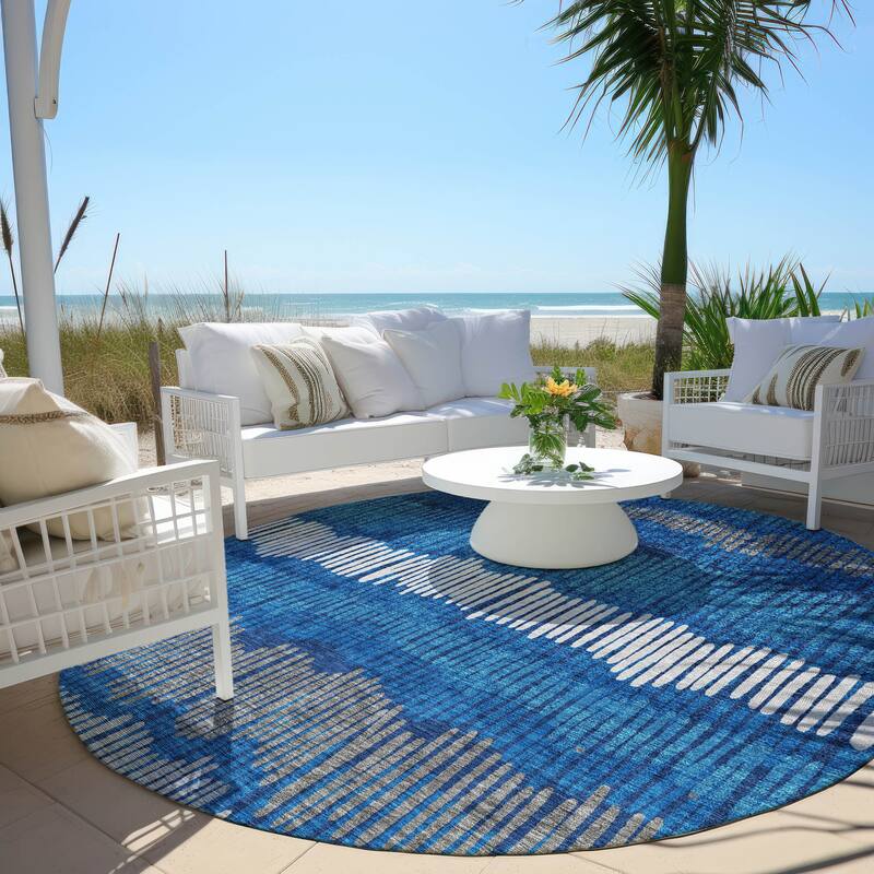Machine Washable Indoor/ Outdoor Chantille Stripe Abstract Rug - Navy - 8' x 8'