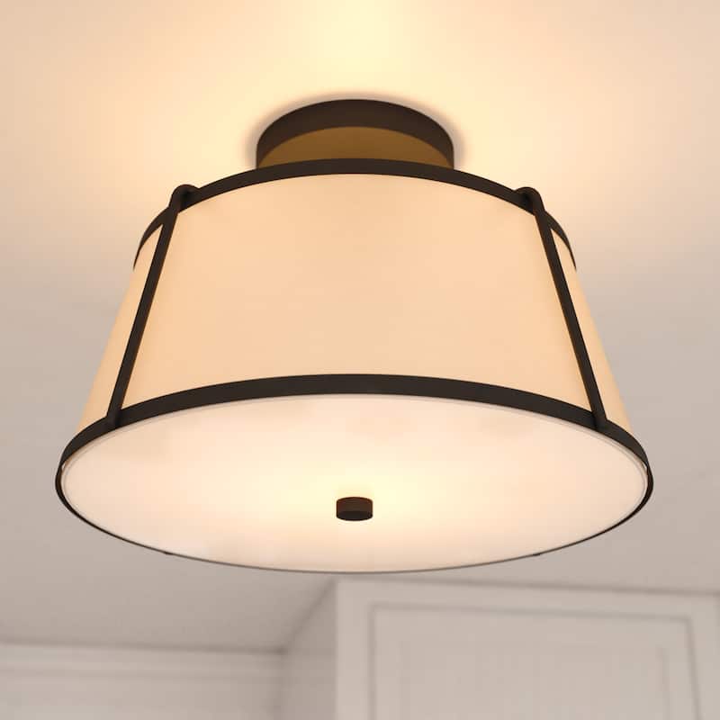 Marion 2-Light Mid-Century Modern Drum Semi Flush Mount Lighting Ceiling Fixture White Linen Shade for Entryway, Kitchen - Matte Black - 13-in W x 9-in H x 13-in D