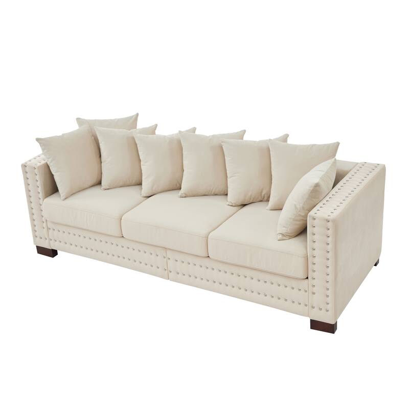 Modern Design Apricot Velvet Sofa with Silver Nails Decoration and Storage