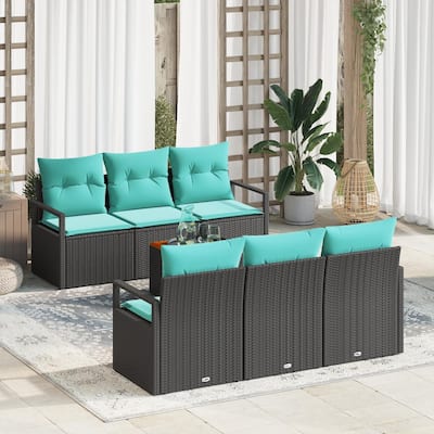 vidaXL 7 Piece Garden Sofa Set with Cushions Black Poly Rattan Acacia - 68.9×24.4×27.2