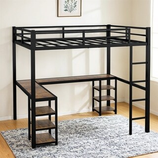 Twin XL Metal Loft Bed with Desk and Shelves,Loft Bed with Guardrails