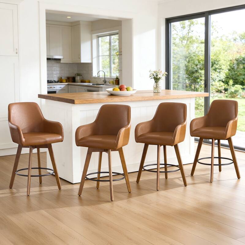 25 Inch Upholstered Swivel Counter Height Bar Stool with Armrests, Solid Wood Legs - 23.6"W x 22.4"D x 40.2"H
