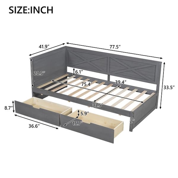 Twin Platform Daybed with 2 Drawers, Wood Daybed Grey